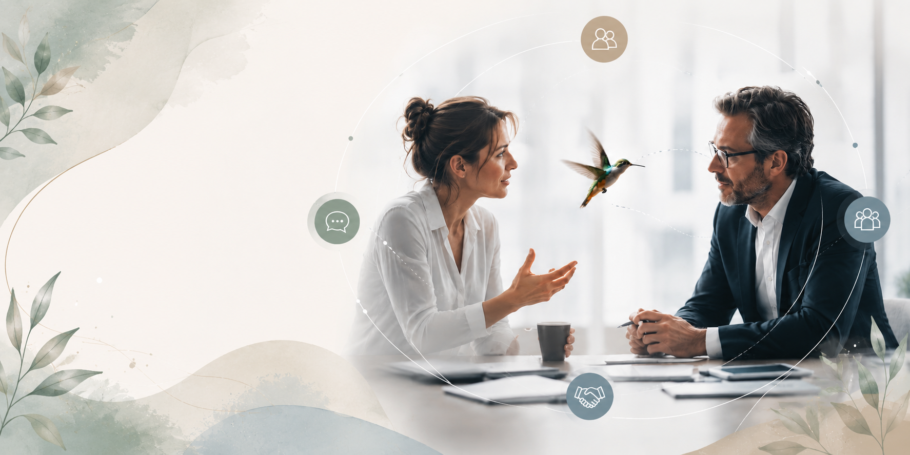 Dialogue professionnel accompagné par le colibri : deux personnes en conversation autour d'une table, symboles d'échange et de collaboration.